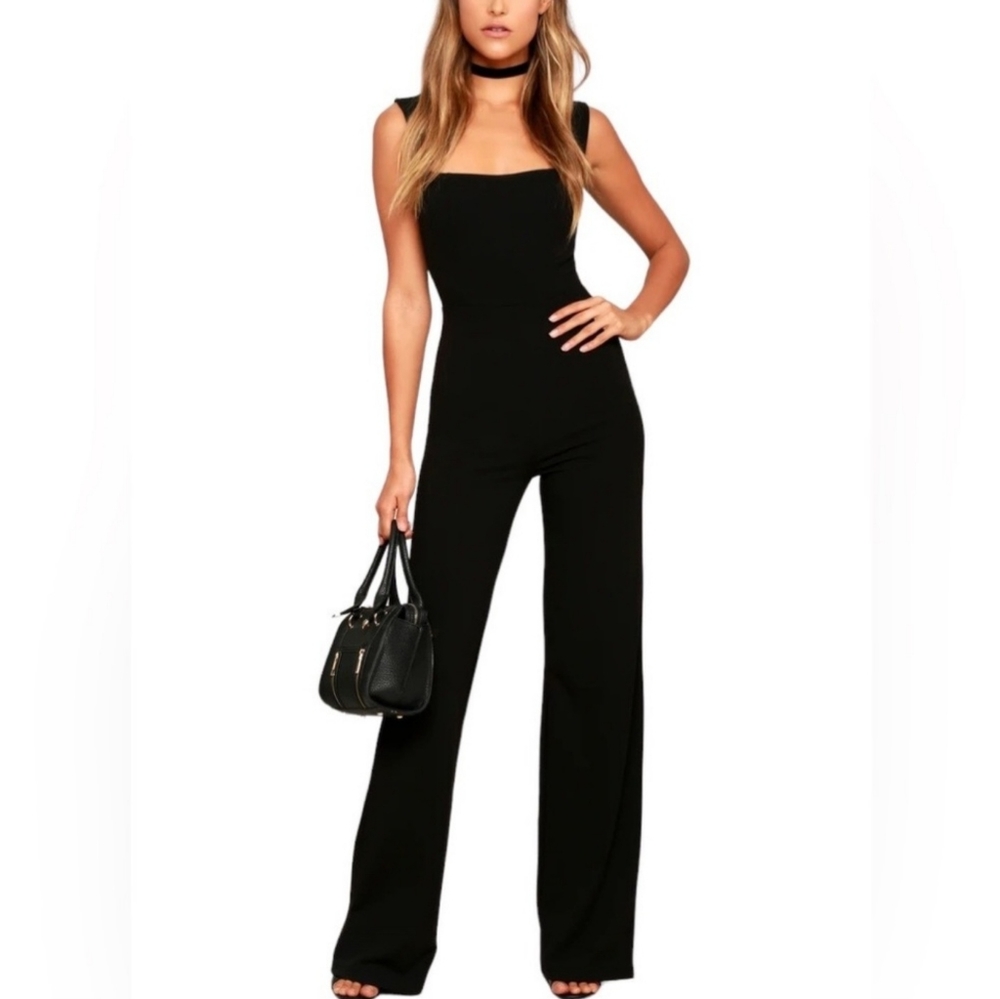 Lulus Enticing Endeavors Black Jumpsuit Womens Size XL Square Neckline Wide Leg